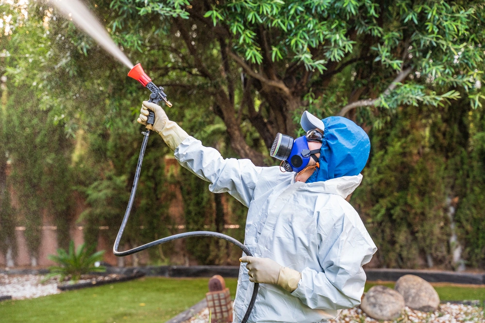 Fumigator applies phytosanitary products and herbicides to plants in a house with a garden. The fighter wears a protective mask and a white protective suit against toxic products.