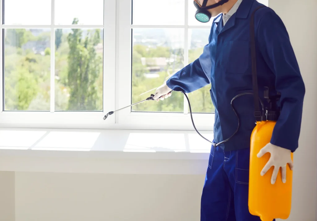 Male exterminator from pest control service wearing protective safety mask and blue workwear suit working inside house spraying toxic liquid or gas from yellow sprayer bottle over white window sill